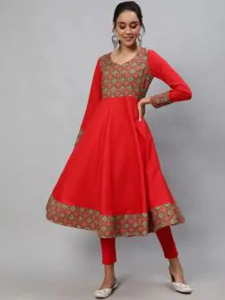 Red & Green Patola Printed Flared Anarkali