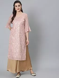 Pink Gold Foil Printed Straight Kurta With Flared Sleeve