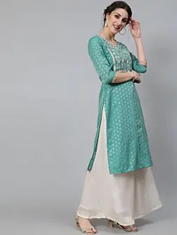 Green Dobby Woven Design With Embroidered Kurta