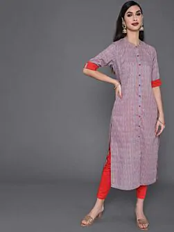Red & Grey Striped Printed Straight Kurta