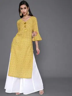 Yellow Striped Printed Straight Kurta