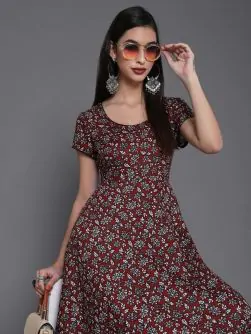 Maroon Floral Printed Flared Anarkali Kurta