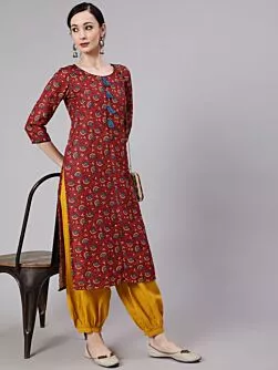 Maroon & Blue Floral Printed Straight Kurta