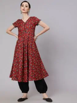 Maroon & Blue Floral Printed Anarkali