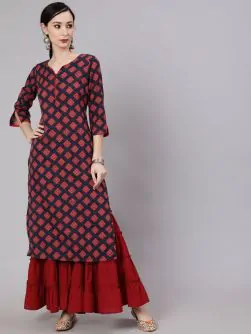 Maroon & Blue Printed Straight Kurta