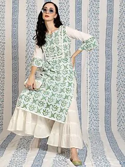 White & Green Hand Block Printed Straight Kurta