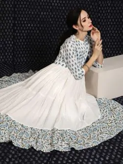 White & Blue Hand Block Printed Tiered Anarkali