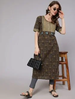 Olive & Grey Printed Straight Kurta