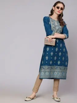 Royal Blue Gold Printed Straight Kurta