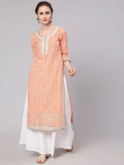 Peach & Grey Floral Printed Straight Kurta With Lace Detail
