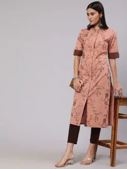 Brown Printed Button Down Straight Kurta