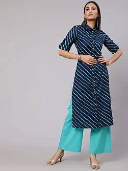Blue Leheriya Printed Button Down Straight Kurta
