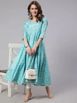 Turquoise Blue & White Bandhani Printed Flared Anarkali