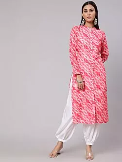 Pink & White Printed Button Down Straight Kurta