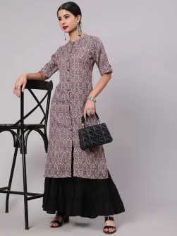 Grey & Black Floral Printed Button Down Kurta
