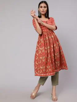 Red & Yellow Floral Printed Gathered Kurta