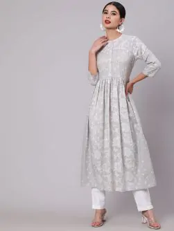 Grey & White Khari Printed Gathered Kurta