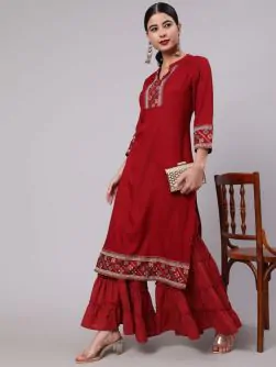 Maroon Solid Straight Kurta With Printed Border Details
