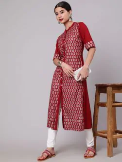Maroon & Sliver Printed Button Down Straight Kurta