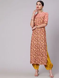 Light Brown & Green Printed Straight Kurta