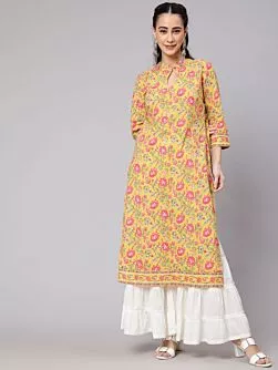 Yellow Floral Printed Straight Kurta