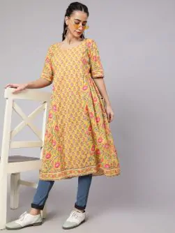 Yellow Floral Printed Gathered A-Line Kurta