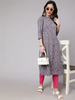 Grey Kantha Floral Printed A-Line Kurta