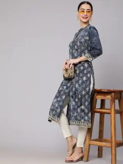 Grey Rayon Printed Button Down Straight Kurta