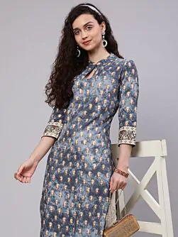 Grey & Gold Rayon Printed Straight Kurta