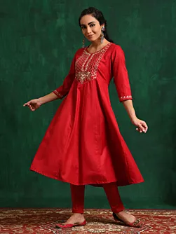 Women Festive Red Embroidered Anarkali Kurta