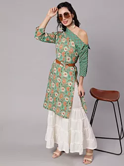 Women Green Floral Print One Shoulder Kurta