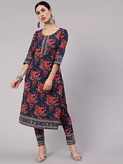 Women Navy Blue Floral Print Straight Kurta