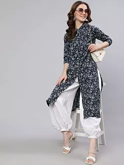 Navy Blue Floral Printed Button Down Kurta