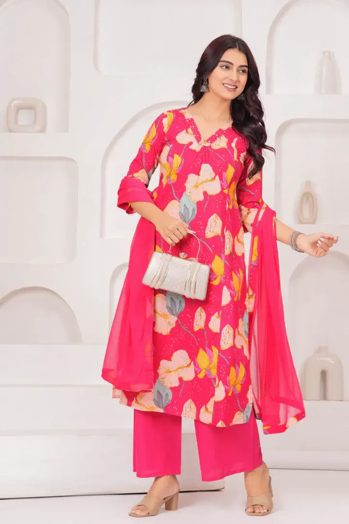 Pink Printed Straight Kurta Set With Dupatta for Women
