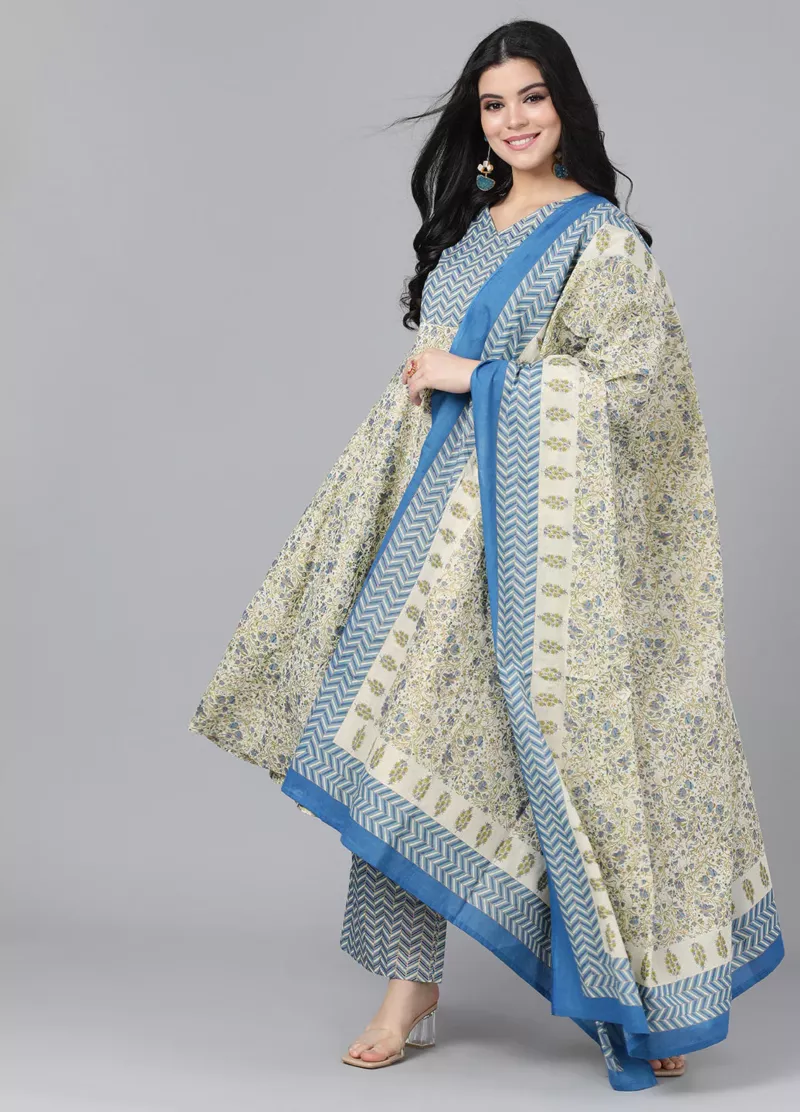 Grey Printed Kurta Palazzo With Dupatta