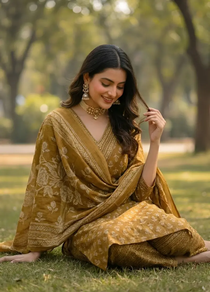 Ochre Yellow Printed Straight Kurta Set With Dupatta for Women