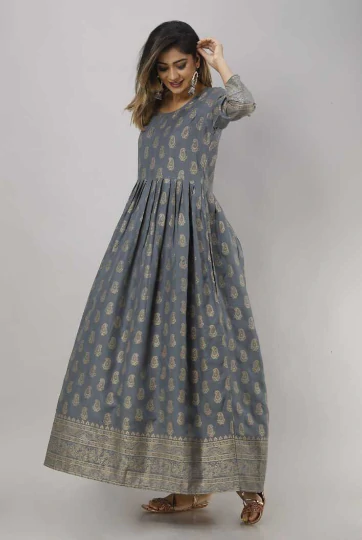 Women Printed Viscose Rayon Flared Kurta  (Grey)