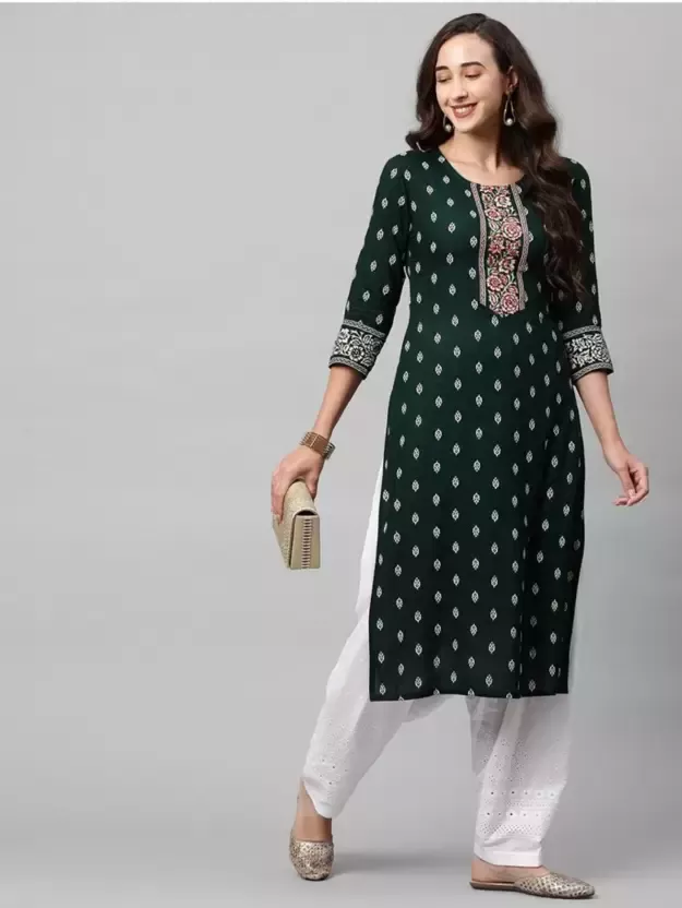 Women Printed Viscose Rayon Embroidered Straight Kurta (Green)