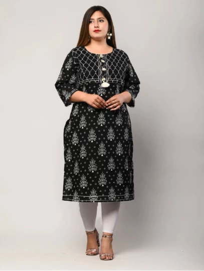 Women Black Pure Cotton Printed Straight Kurta