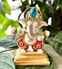White Stone (Resin) God Ganesha with Rosewooden Base Car Dashboard Decor Statue | Hindu Idol God Ganesh Ganpati Decor Sculpture