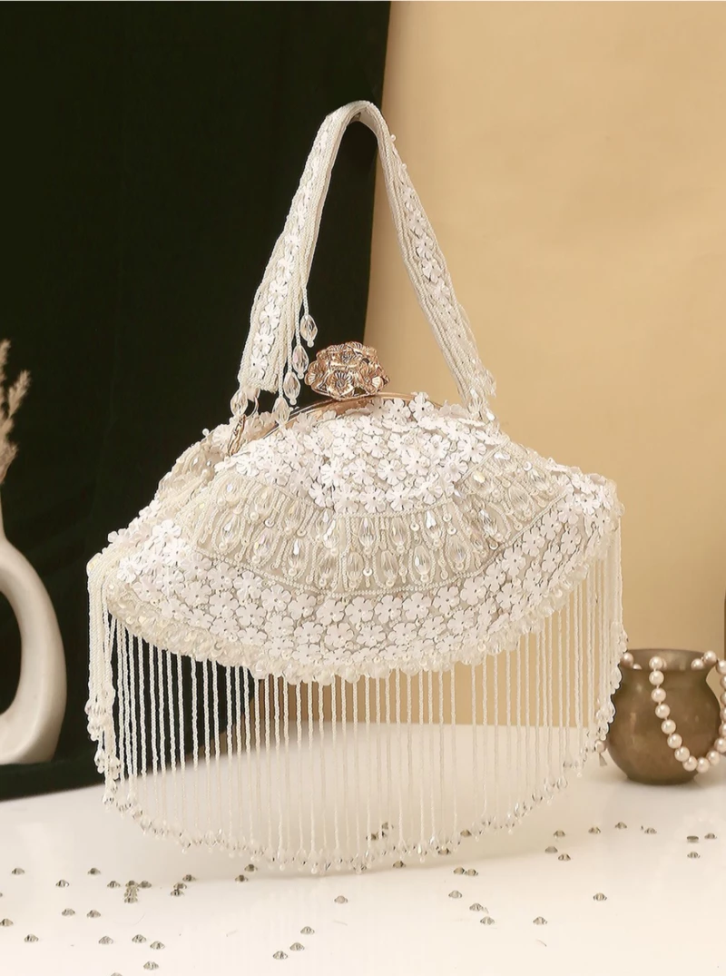 Women White Embellished Party Wear Clutch Potli