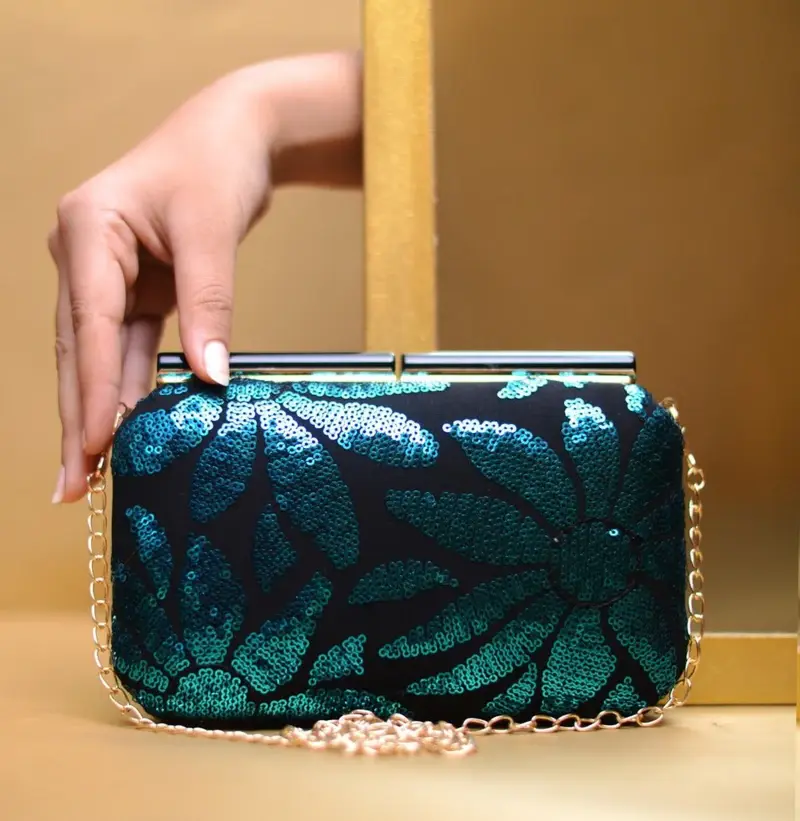 Women Black and Blue Sequins Fabric Party Clutch