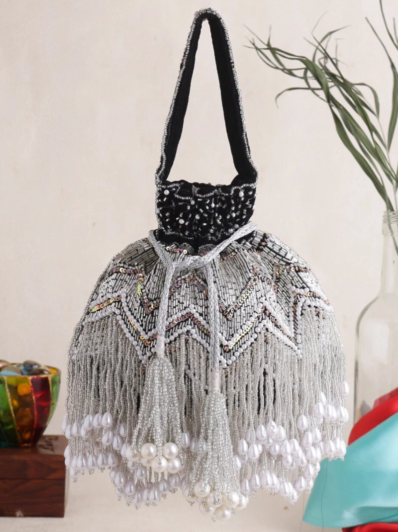 Black Bridal Long Tassels Pearl Luxury Potli Bag