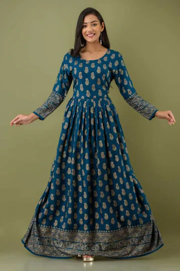 Women Printed Viscose Rayon Flared Kurta  (Blue)