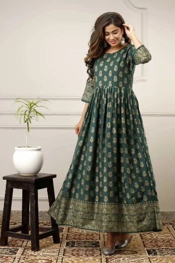 Women Printed Viscose Rayon Flared Kurta  (Green)