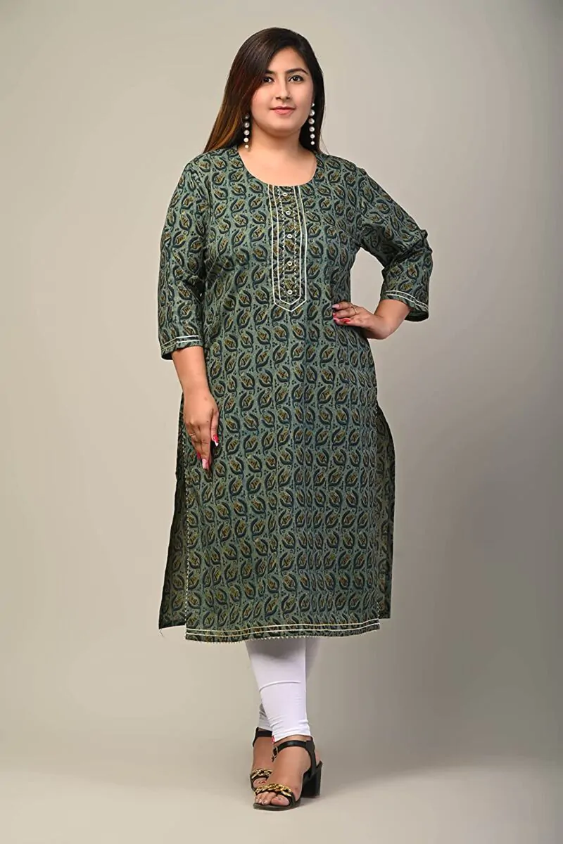 Women Floral Print Cotton Plus Size Straight Kurta (Green)