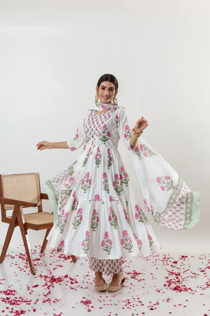 Women Pure Cotton Plus Size Kurta Pant Set with Dupatta, Anarkali Floral Print Kurta Sets