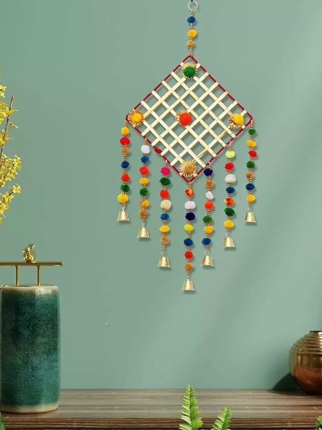 Handmade Colorful Ring Pom Pom Tassel Hanging for Home/Office/Hall Decoration (Pack of 1), Multi-Coloured