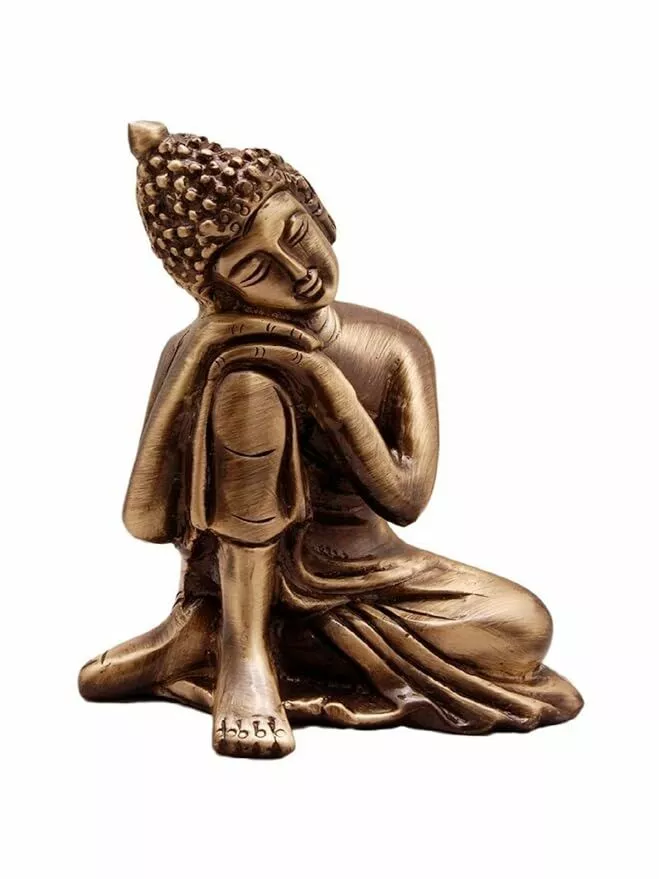 Brown Metal Resting Buddha On Knee Statue Religious God Idol - Serene Home Decor Accent