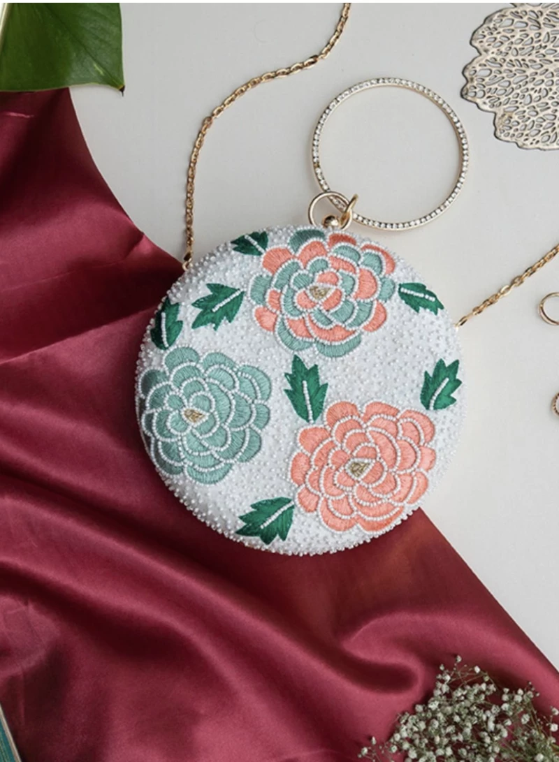Floral Embroidered Round Festive Clutch